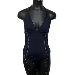 L SPACE LILA PLUNGE STRAPPY BACK HALTER ONE PIECE SWIMSUIT BLACK SIZE 10